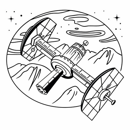 Satellite in space. Vector illustration in black and white colors.のイラスト素材