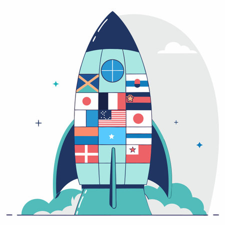 Rocket with flags. Vector illustration in flat style for web and print.のイラスト素材