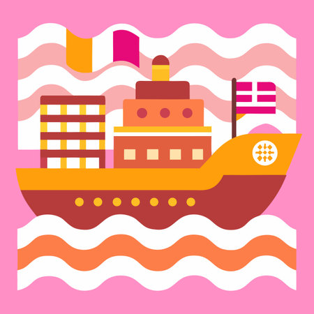 Vector illustration of a ship with a flag on a pink background.のイラスト素材
