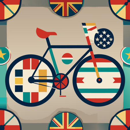 Seamless pattern with bicycle and flags of the world. Vector illustration.のイラスト素材