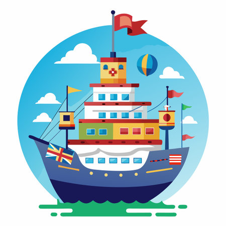 Flat style vector illustration of a cruise ship with flags and balloons.のイラスト素材