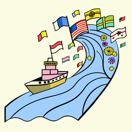 Illustration of a cruise ship on the sea with flags and flagsのイラスト素材
