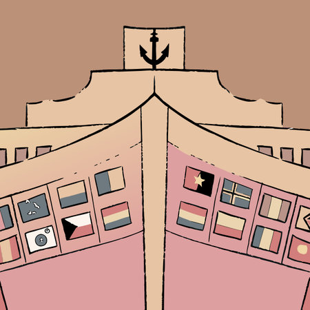 Illustration of a city building with an anchor in the foreground.のイラスト素材