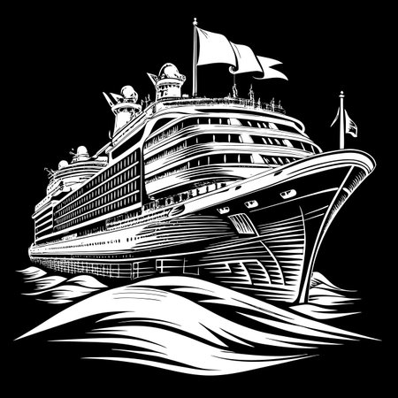 Cruise ship on the water. Vector illustration on black background.のイラスト素材