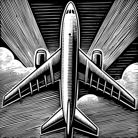 Airplane in the sky. Black and white engraving vector illustration.のイラスト素材