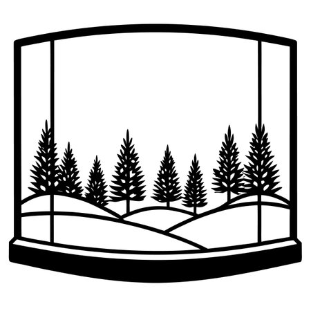 Window with a view of the forest on a white background. Vector illustrationのイラスト素材