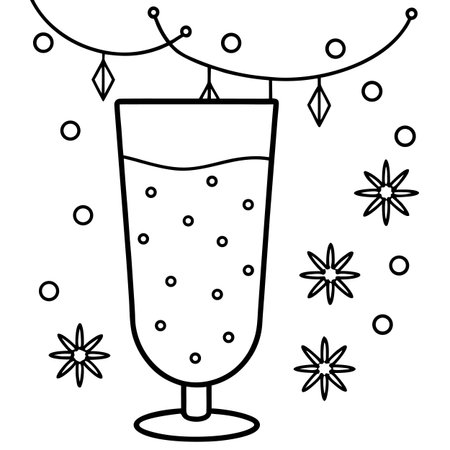 Christmas glass of champagne with garland and snowflakes. Outline vector illustration.のイラスト素材