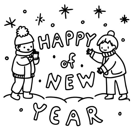 Hand drawn vector illustration of a cute little boy and girl in winter clothes. Lettering Happy New Year.のイラスト素材