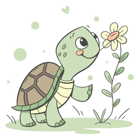 Illustration of a Cute Cartoon Turtle with a Flower in its Mouthのイラスト素材