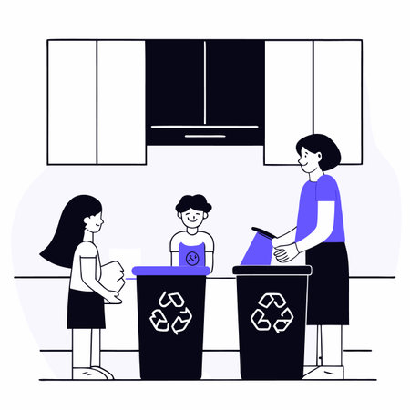 Family sorting garbage in the kitchen. Zero waste concept. Vector illustrationのイラスト素材