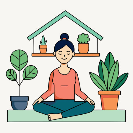 Young woman doing yoga at home. Vector illustration in flat style.のイラスト素材