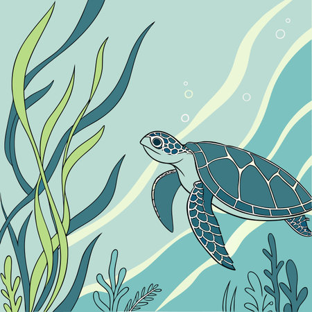 Sea turtle and seaweed on a blue background. Vector illustration.のイラスト素材