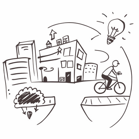 Vector illustration of a city with a bicycle, lightbulb and buildingsのイラスト素材