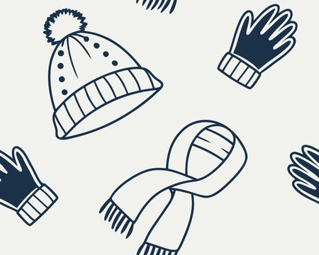 Seamless winter pattern with hats and mittens. Vector illustrationのイラスト素材