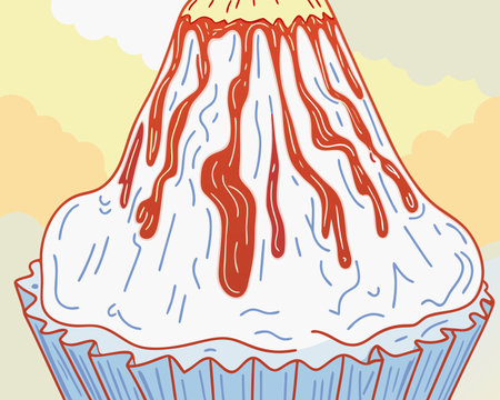 Illustration of a cupcake with a volcano in the background.のイラスト素材