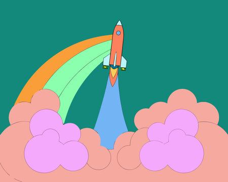 Rocket with clouds and rainbow. Start up concept. Vector illustration.のイラスト素材