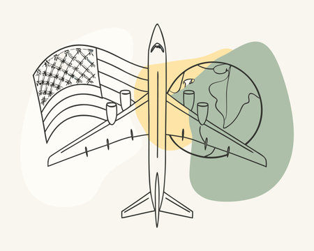 Traveling around the world by plane. Vector illustration in linear style.のイラスト素材