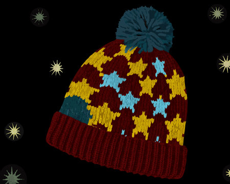 Winter hat with pompon on black background. Vector illustration. Eps 10.