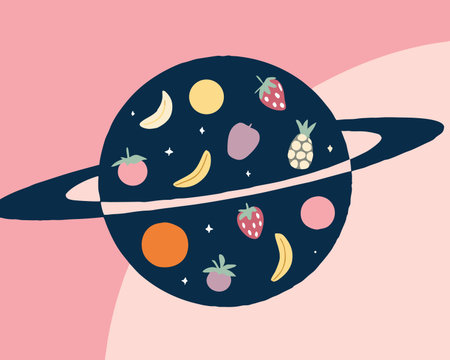Vector illustration of the planet Saturn with fruit and planets in flat style.