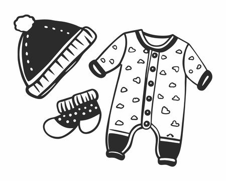 Baby clothes set. Hand drawn vector illustration in doodle style.のイラスト素材