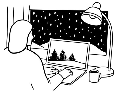 Illustration of a man working on a computer in the winter.のイラスト素材
