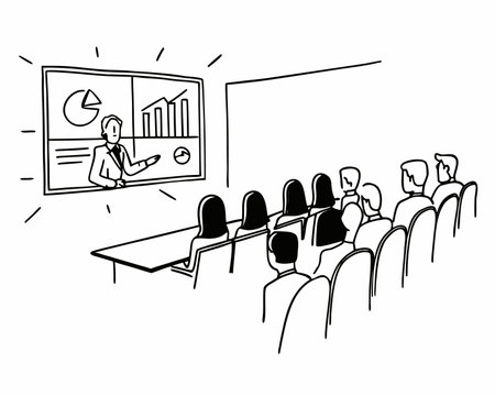 Businessman giving presentation in conference room. Hand drawn sketch illustration.のイラスト素材