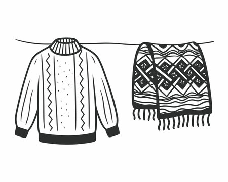 Knitted sweater and scarf on clothesline. Hand drawn vector illustration.のイラスト素材