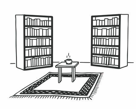 Bookshelf with books and cup of coffee in the room. Vector illustration.のイラスト素材