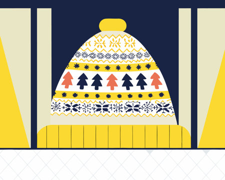 Vector illustration of a knitted hat with a pattern of snowflakesのイラスト素材