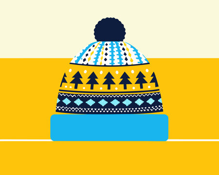 Winter knitted hat. Vector illustration in flat style on yellow background.