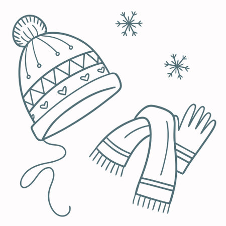 Winter hat, scarf, gloves and snowflakes. Vector illustration.のイラスト素材