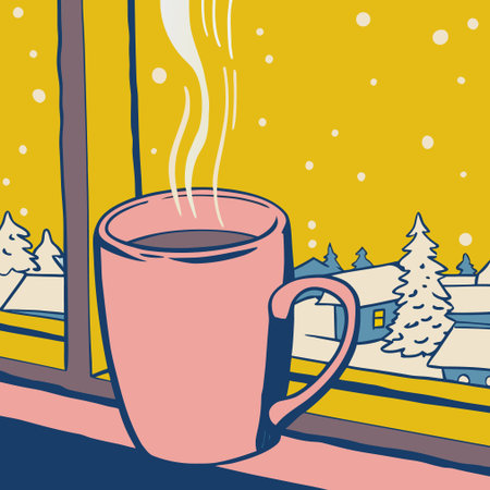 Cup of coffee on the window sill. Winter landscape. Vector illustrationのイラスト素材
