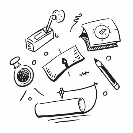 Hand drawn doodle sketch of office supplies. Vector illustration.のイラスト素材