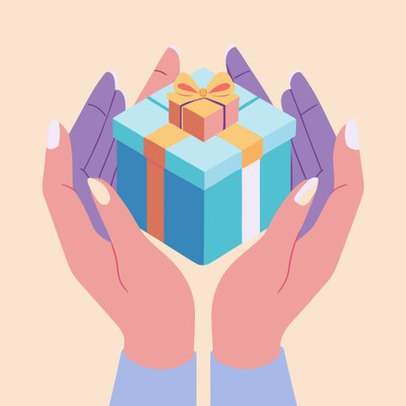 Gift box in hands. Vector illustration in flat design style.のイラスト素材