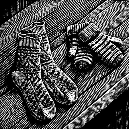 Vector illustration of pair of knitted socks on the wooden background.のイラスト素材