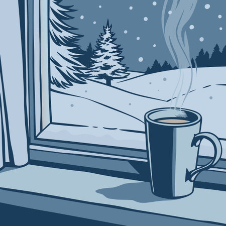 Winter landscape with cup of coffee on the windowsill, vector illustrationのイラスト素材