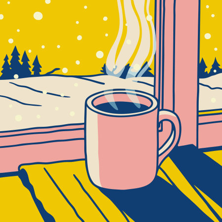 Cup of coffee on the background of the winter landscape. Vector illustrationのイラスト素材