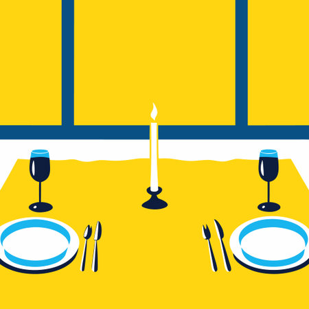 Restaurant table with a candle and plates. Vector illustration.のイラスト素材