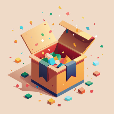 Open gift box with colorful confetti. Isometric vector illustration.