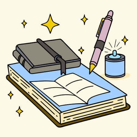 Notebook, pen and inkwell. Vector illustration in doodle styleのイラスト素材