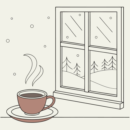 Cup of coffee in the window with winter landscape. Vector illustrationのイラスト素材