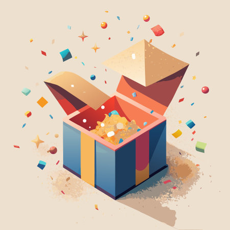 Open gift box with multicolored confetti. Vector illustration.