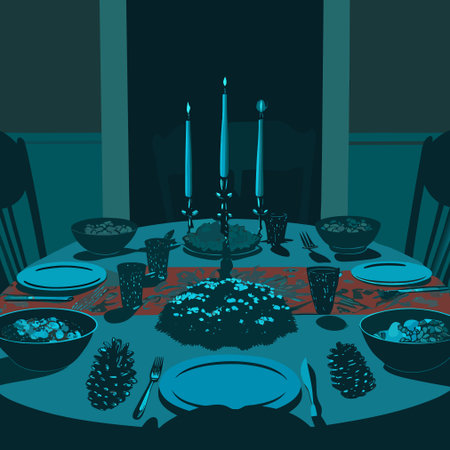 Illustration of a christmas table with plates, candles and conesのイラスト素材