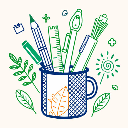 Pencils, pens, pencils in a cup. Vector illustration.のイラスト素材