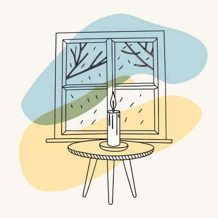 Vector hand drawn illustration of a window with a candle in a glass.のイラスト素材
