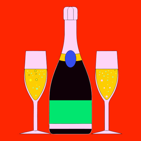 Bottle of champagne and two glasses on red background. Vector illustrationのイラスト素材