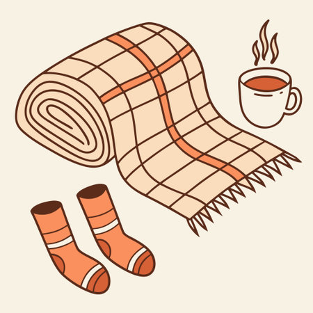 Vector illustration of a warm plaid, cup of coffee and socks.のイラスト素材