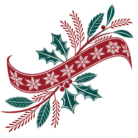 Christmas decorative ribbon with holly leaves and berries. Vector illustration.のイラスト素材