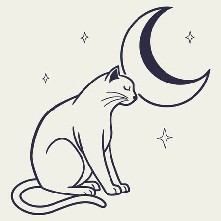 Cute cat sitting on the moon. Vector illustration in outline style.のイラスト素材