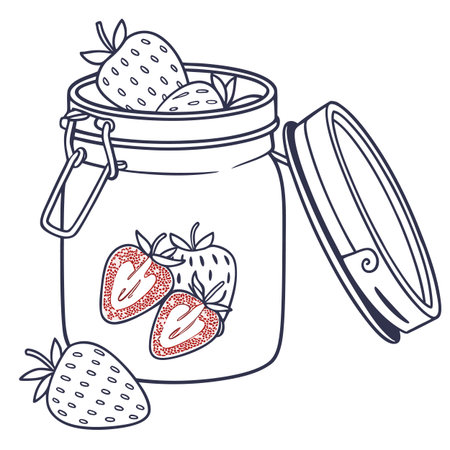 Strawberry jam in a jar. Vector hand drawn illustration.のイラスト素材